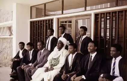 The opening of Sultan Bello Hall by Alhaji Sir Ahmadu Bello, University College Ibadan, on Second February 1962 (Kenneth Dike to the right of Sir Ahmadu Bello)