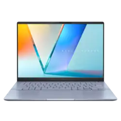 Open ASUS Vivobook laptop seen from the front, featuring ultra-thin screen bezels and a colourful “V” wallpaper.