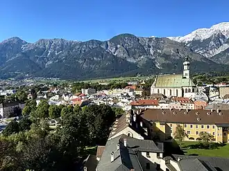The oldtown of Hall with Karwendel range