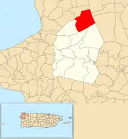 Location of Aceitunas within the municipality of Moca shown in red