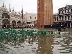Tidal flooding. Sea-level rise increases flooding in low-lying coastal regions. Shown: Venice, Italy (2004).[274]