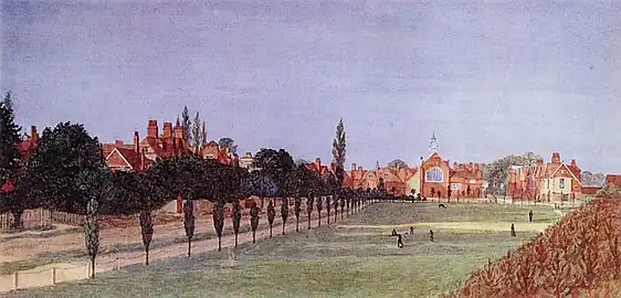 Painting, looking east, of Acton Green common to St Michael's and All Angels and The Tabard Inn by Frederick Hamilton Jackson, 1882. The Victorian era Bedford Park development is on the left, the London Underground railway embankment on the right.
