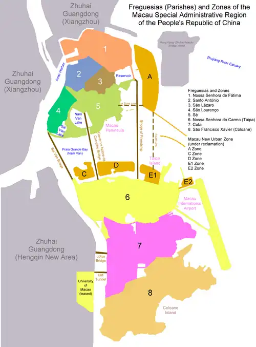 Map showing the University located on the mainland across from Macau