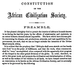 Black text on white paper introducing the articles of the organization's constitution