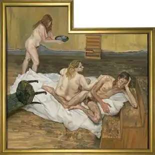 Three nude people, two women and a man lay about in a rough or unfinished room. An ornate padded chair lays tipped over to the left of the scene, painted in detail but neglected by the characters. The painting is framed in gold, a custom-made frame to with an unusual extension at the top, to surround the part of the painting that was appended by the artist.