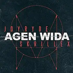 White bold text saying "Agen Wida" with two red thin texts saying "Joyryde" and "Skrillex" in front of a black background with the Owsla logo coloured red.