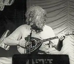 Alec Finn on stage with De Dannan at the 1985 Trowbridge Folk Festival