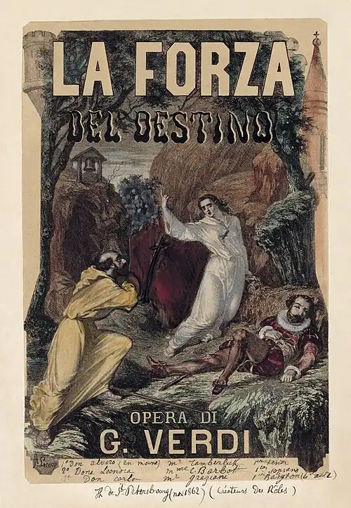 Image 145La forza del destino poster, by Charles Lecocq (restored by Adam Cuerden) (from Wikipedia:Featured pictures/Culture, entertainment, and lifestyle/Theatre)
