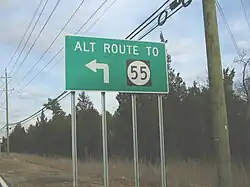 A green sign along a road lined with trees and power lines reading alt route to Route 55 with an arrow pointing to the left