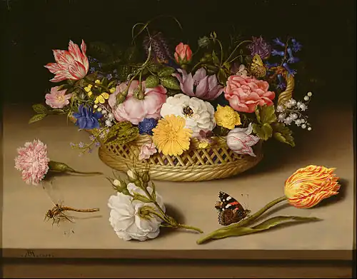 1614 still life painting of flowers, some of which are placed in a basket