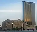 View of all the buildings of the Amway Grand Plaza Hotel from the Grand River