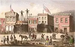 An 1855 lithograph of ships being used as businesses in San Francisco. Apollo storeship and Niantic Hotel