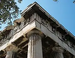 The entablature of the Hephaisteion (temple of Hephaistos) in Athens, showing Doric frieze with sculpted metopes