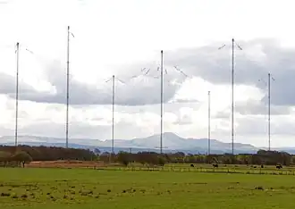 Trideco umbrella antenna of the VLF transmitter at Anthorn military radio station, UK, transmitting at 19.6 kHz