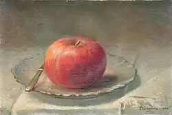 Apple Still Life with Knife, 1902, T. Gegoux, oil on canvas, 6.75 ins x 9.75 ins, Private Collection