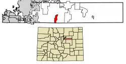 Location of the Brick Center CDP in Arapahoe County, Colorado.