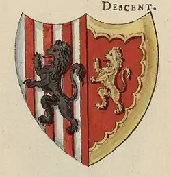Arms assigned Owain Glyndŵr in A Tour in Wales by Thomas Pennant (1726–1798), which chronicles the three journeys he made through Wales between 1773 and 1776.[73][1]