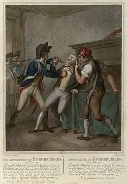 Apprehension of Robespierre, who on being seized by a Gendarme fired a pistol into his mouth, but did not wound himself mortally.