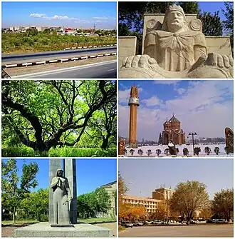 From top left: View of Artashat • Statue of King Artaxias I Apricot farms • Surp Hovhannes Church World War II memorial • Downtown Artashat