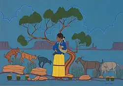 painting of a girl weaving a rug surrounded by goats in a desert landscape