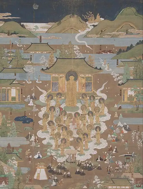 Amitābha welcomes Chūjō-hime to the Western Paradise. Japan, 16th century.[23]