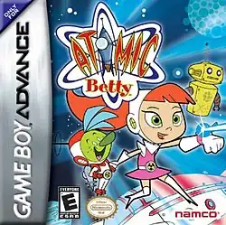 The "Atomic Betty" logo appears in the top half of the cover. In the foreground is a three cartoon characters: a green alien with a large nose and blue hair wearing a red and white space suit; a red-haired human girl in a pink skirt and top with white gloves, boots and head cover; and a gold robot white arms but no legs.