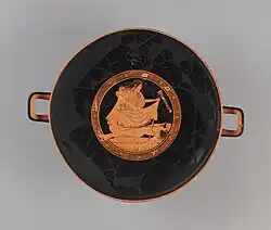 A red-figure kylix with a depiction of the suicide of Ajax, attributed to the Brygos Painter, ca. 490-480 BCE. Currently in the Getty Museum collection.