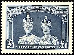 Queen Elizabeth depicted wearing her crown on an Australian stamp, 1938