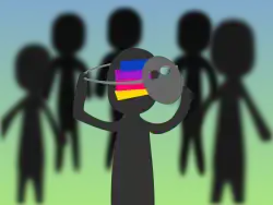 In a drawing five gray faceless figures watch as a figure in the center of the drawing puts on a gray mask to cover their colorful face.