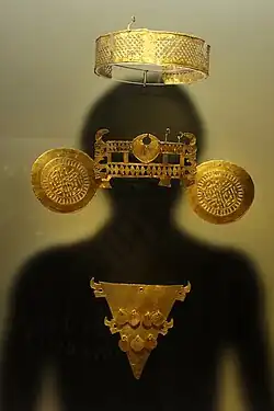 Muisca gold jewellery, including a headband, nose ornament and pectoral, on display at the Gold Museum in Bogota, Colombia.