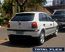 The 2003 VW Gol 1.6 Total Flex was the first commercial flexible-fuel vehicle in the Brazilian market, capable of running on any mixture of gasoline (E20 to E25 blend) and ethanol (E100).
