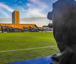 A view from behind a bronze animal statue of Baenão’s empty stadium