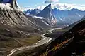 Mount Thor on the rim of Akshayuk Pass, showing the U-shaped glacial valley
