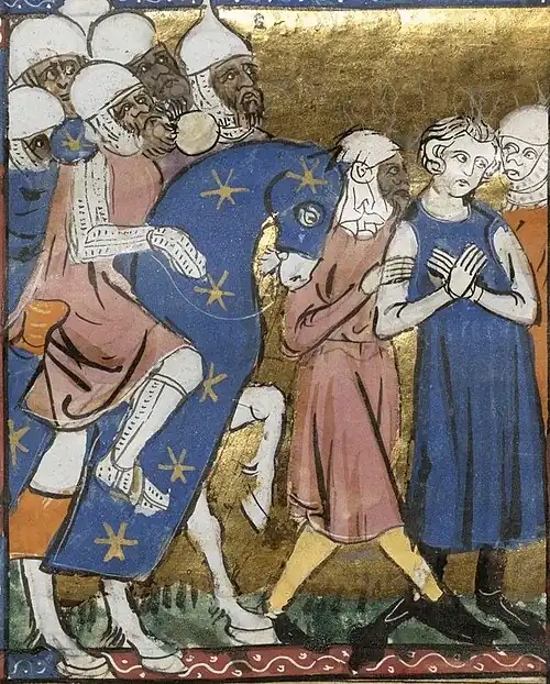 Bearded and dark-skinned horsemen and a white-skinned man