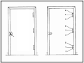 Suggested target locations for breaching a door at the latch (left) or the hinges (right)