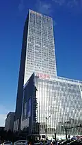 Closer look at the Maoye Tower in a sunny day, Baoding CBD