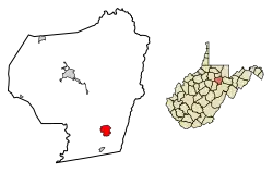 Location of Belington in Barbour County, West Virginia.