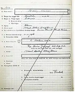 Scan of Obama's elementary school record, where he is wrongly recorded as Indonesian and Muslim.