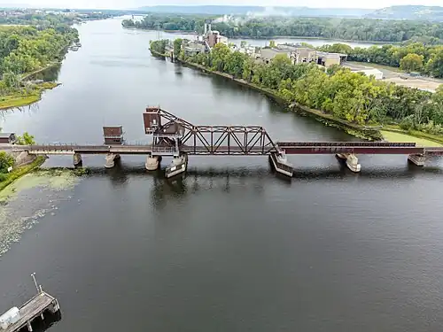 A rolling-lift bascule bridge in the down position