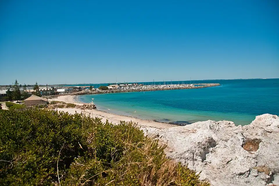 Bathers beach today. Remnants of the Long Jetty are just visible in front to the groyne and behind the Old Kerosene Store