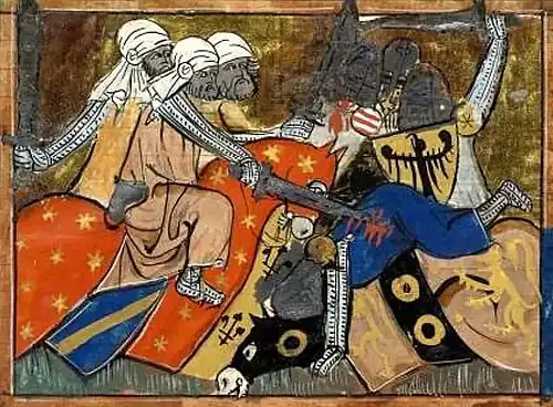 Three bearded horsemen wearing a turban fighting with three knights