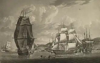 Painting of a naval battle with British, French and Spanish ships exchanging cannon fire