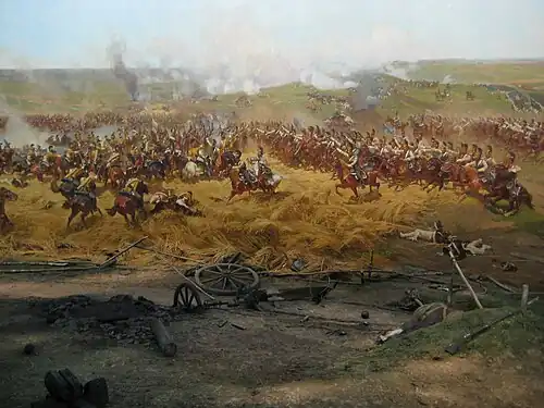 Saxon heavy cavalry (wearing rolled greatcoats instead of breastplates) and Polish lancers clashing with Russian cuirassiers, during the Battle of Borodino.