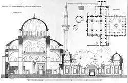 Floor plan and elevation of the Bayezid II Mosque in Istanbul (from drawings by Cornelius Gurlitt)