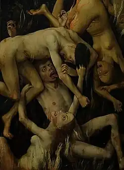 Painting detail of crowded figures grasping at each other as they fall toward darkness