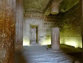 Interior hall of the rock-cut tomb of Amenemhat, Tomb 2 (BH2), Beni Hasan, Egypt, unknown architect, c.1900 BC[37]