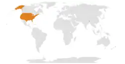 Map indicating locations of Bhutan and United States