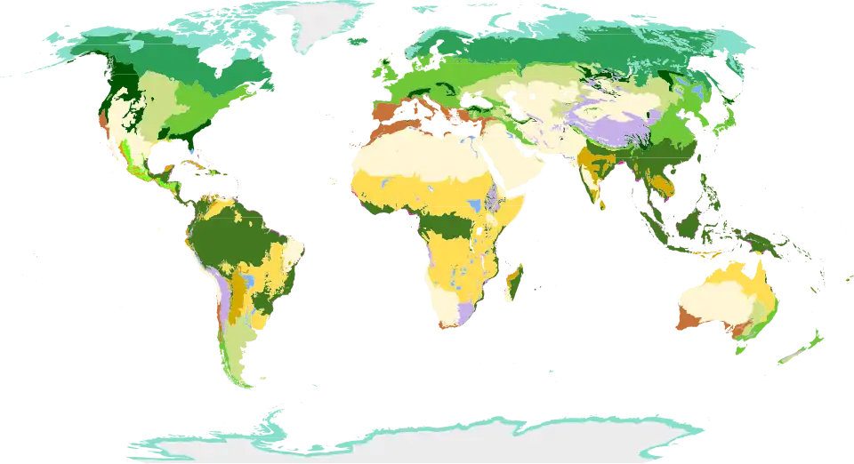 WWF classification, differentiating 14 terrestrial biomes (two for France).