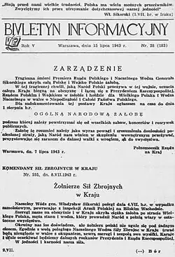 Biuletyn Informacyjny from 15 July 1943 News of the death of General Władysław Sikorski and the order for a national day of mourning.