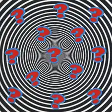 question marks on a black and white circular design